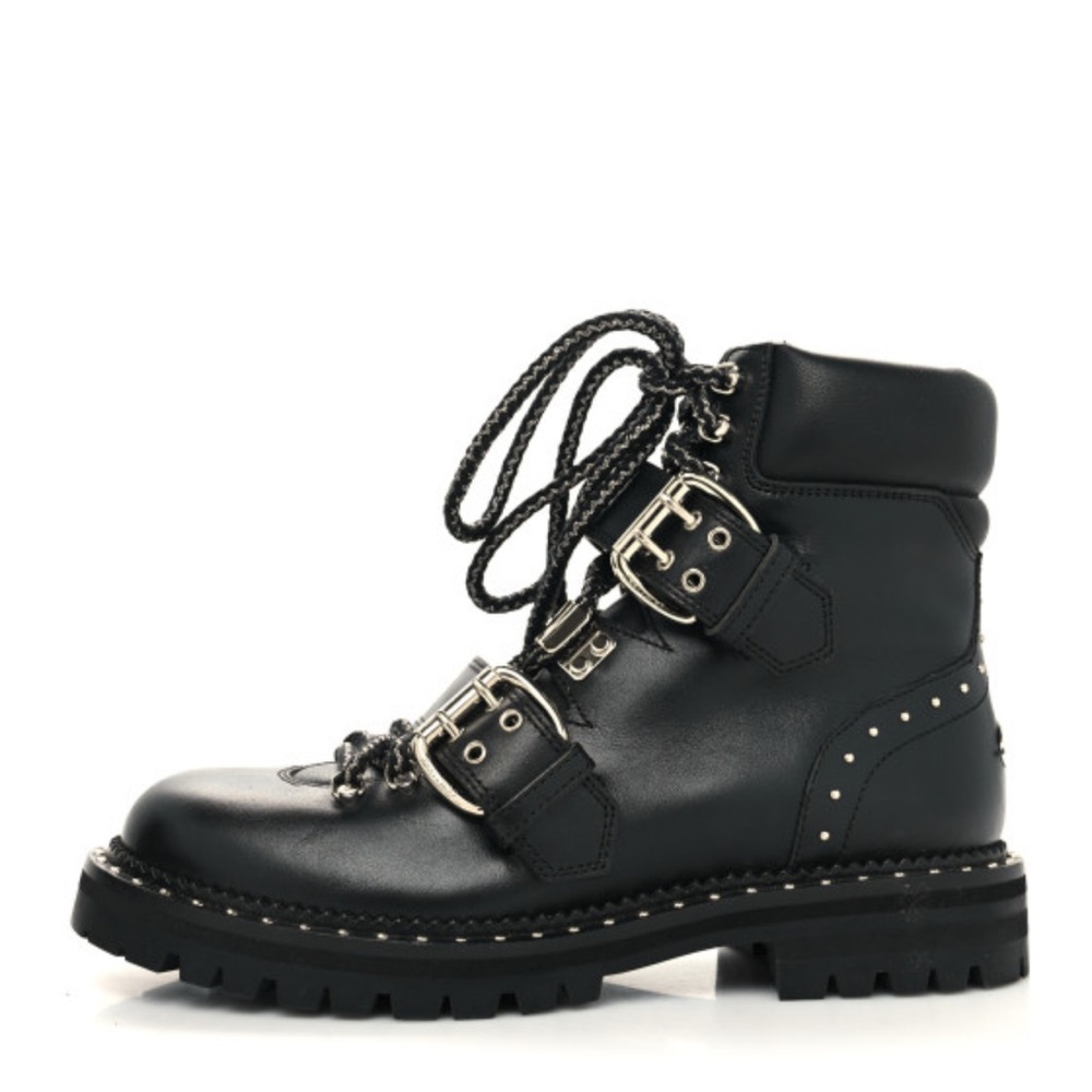 Jimmy Choo Calfskin Breeze Biker Combat Boots Sz 37.5 Black Moto Buckle Studded - Picture 2 of 16